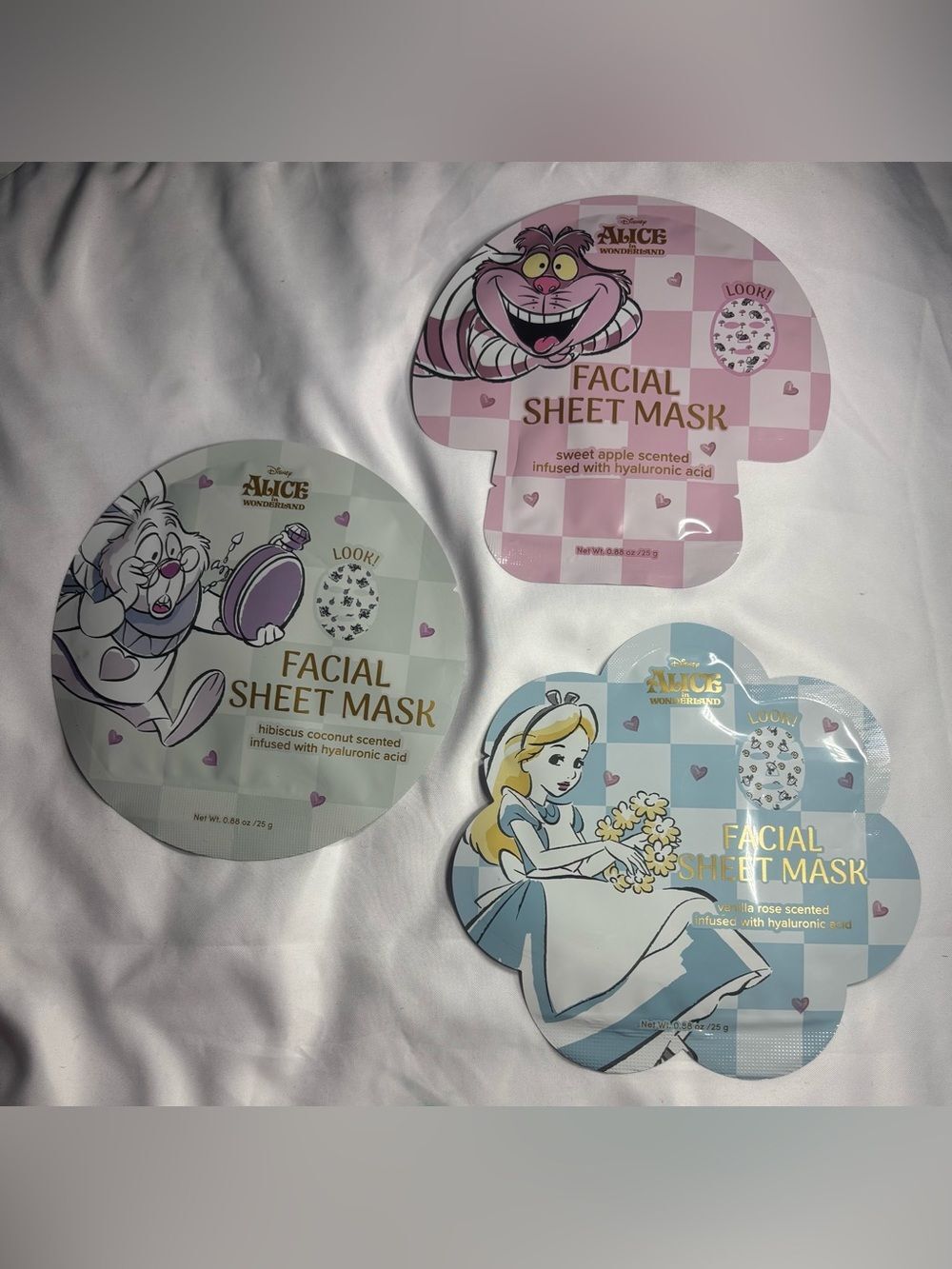 3 New Disney Alice in Wonderland Facial Sheet Masks - Pink, Light Green, Light